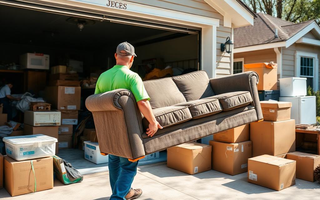 Residential junk removal crew hauling furniture from a garage